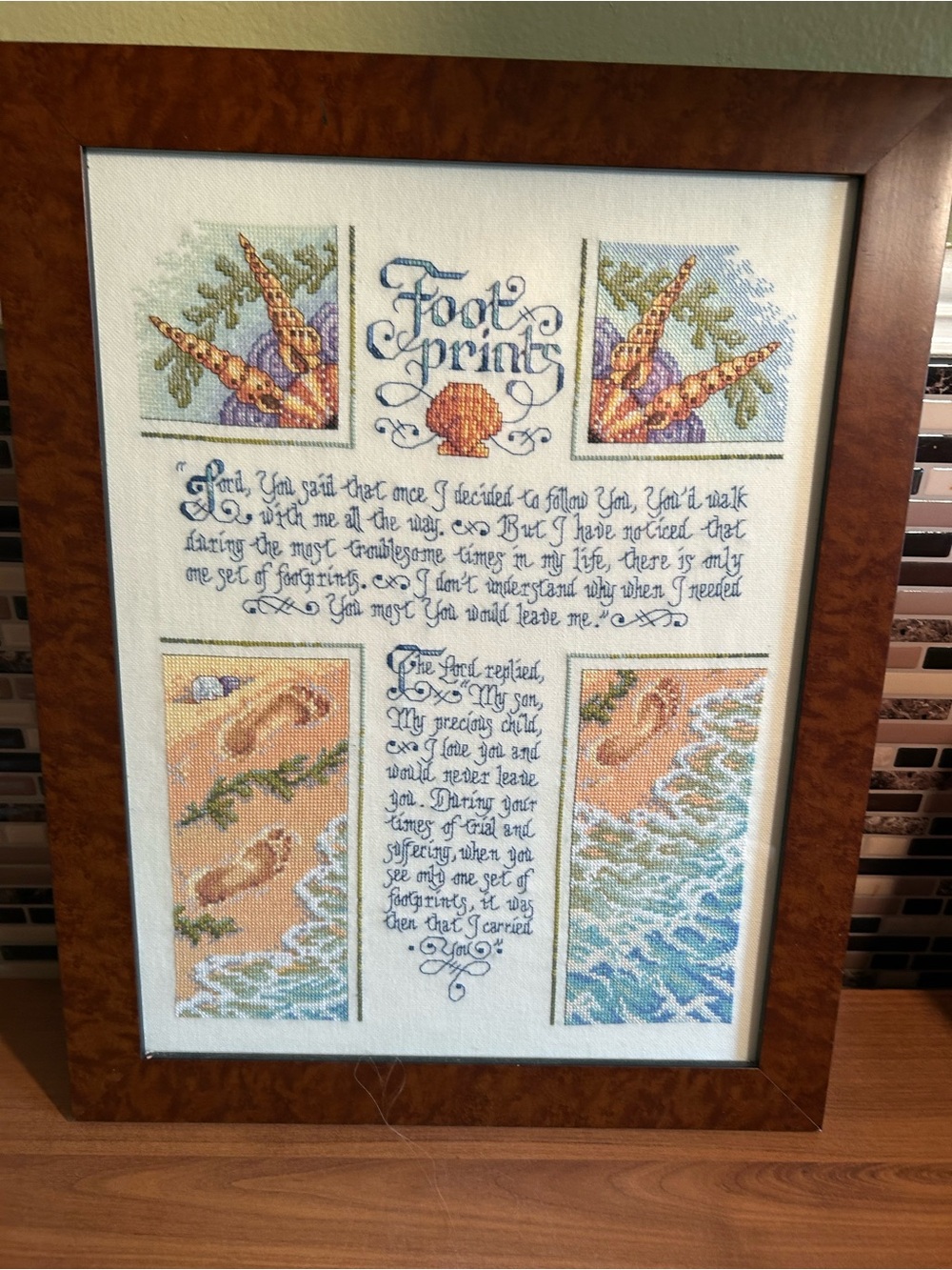 Framed 'Footprints' Cross Stitch Wall Art - Coastal Shells